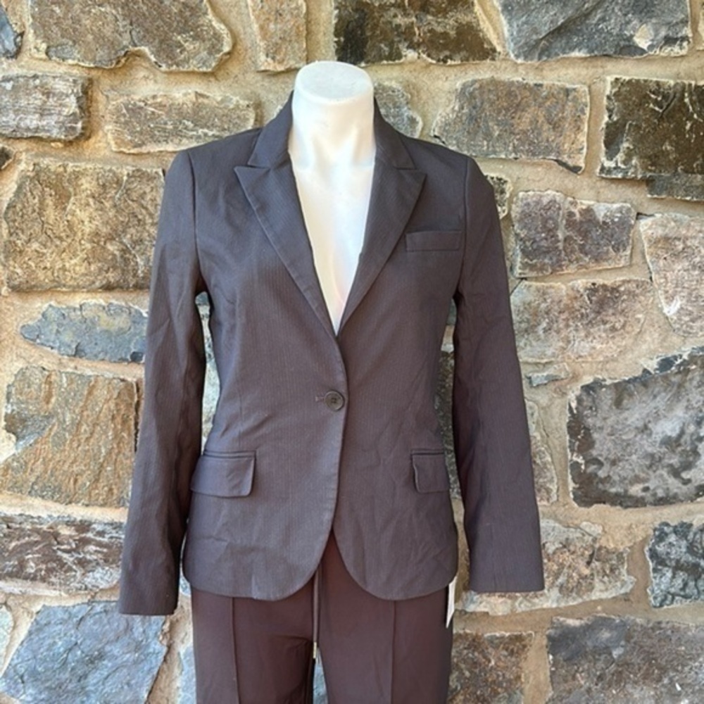 Theory One Button Notch Collar Blazer Jacket in Black Pinstripe Print Size 8